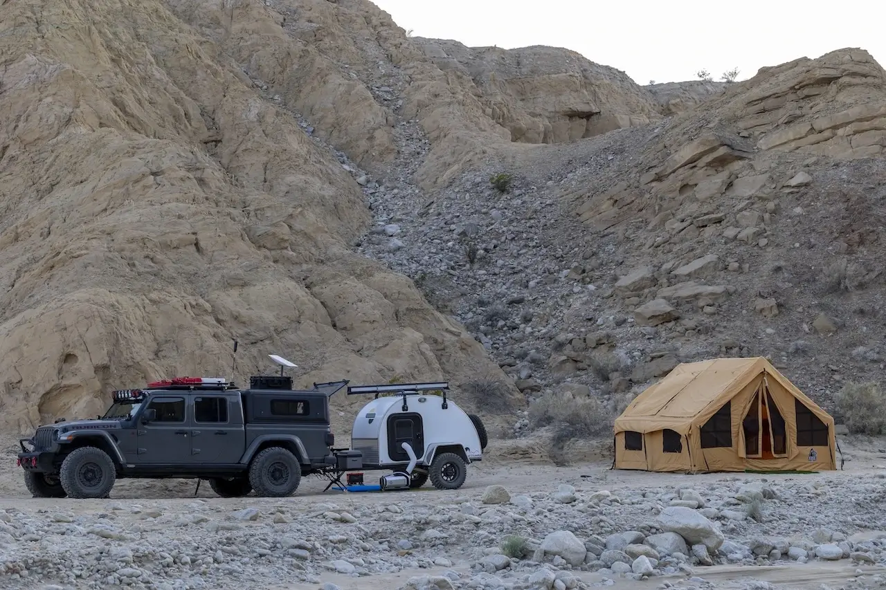 Family camping in tent